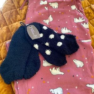 Pajama pants and fuzzy socks